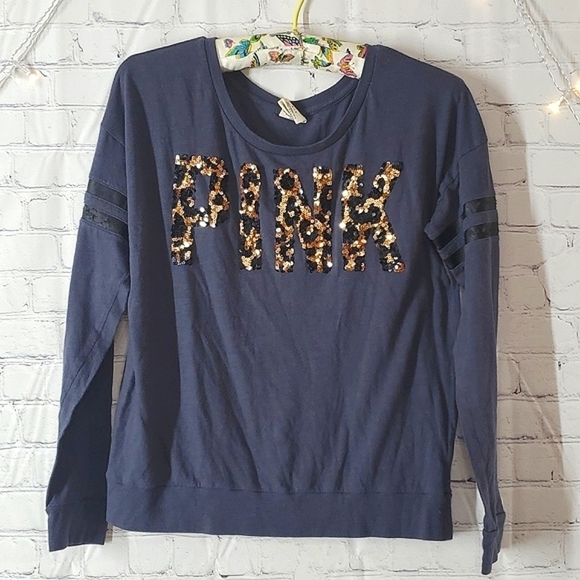 PINK Victoria's Secret Tops - 2014 Victoria's Secret PINK Logo Spellout Leopard Print Sequins Long Sleeve Sz S